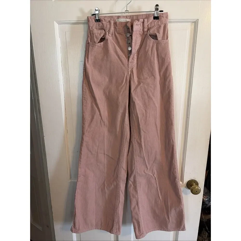 PacSun High Rise Wide Leg Corduroy Pants Jeans 24 Button Fly Peach Blush - Picture 1 of 11